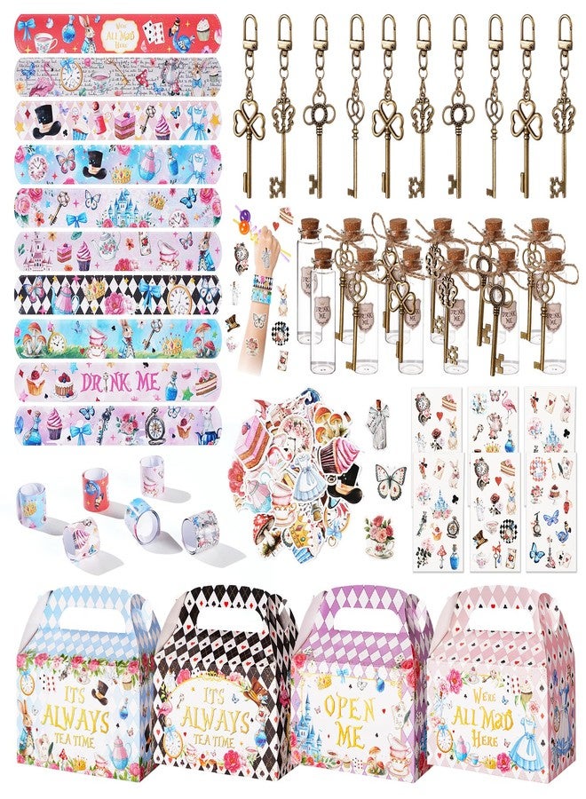 Vanblue 110Pcs Alice Party Favors Wonderland Brithday Decorations,Tea Party Supplies for Girls Birthday Gift Set, Stickers,Skeleton Keys,Goodie Bag Stuffers Treat Boxes Trunk or Treat Kit - Image 1
